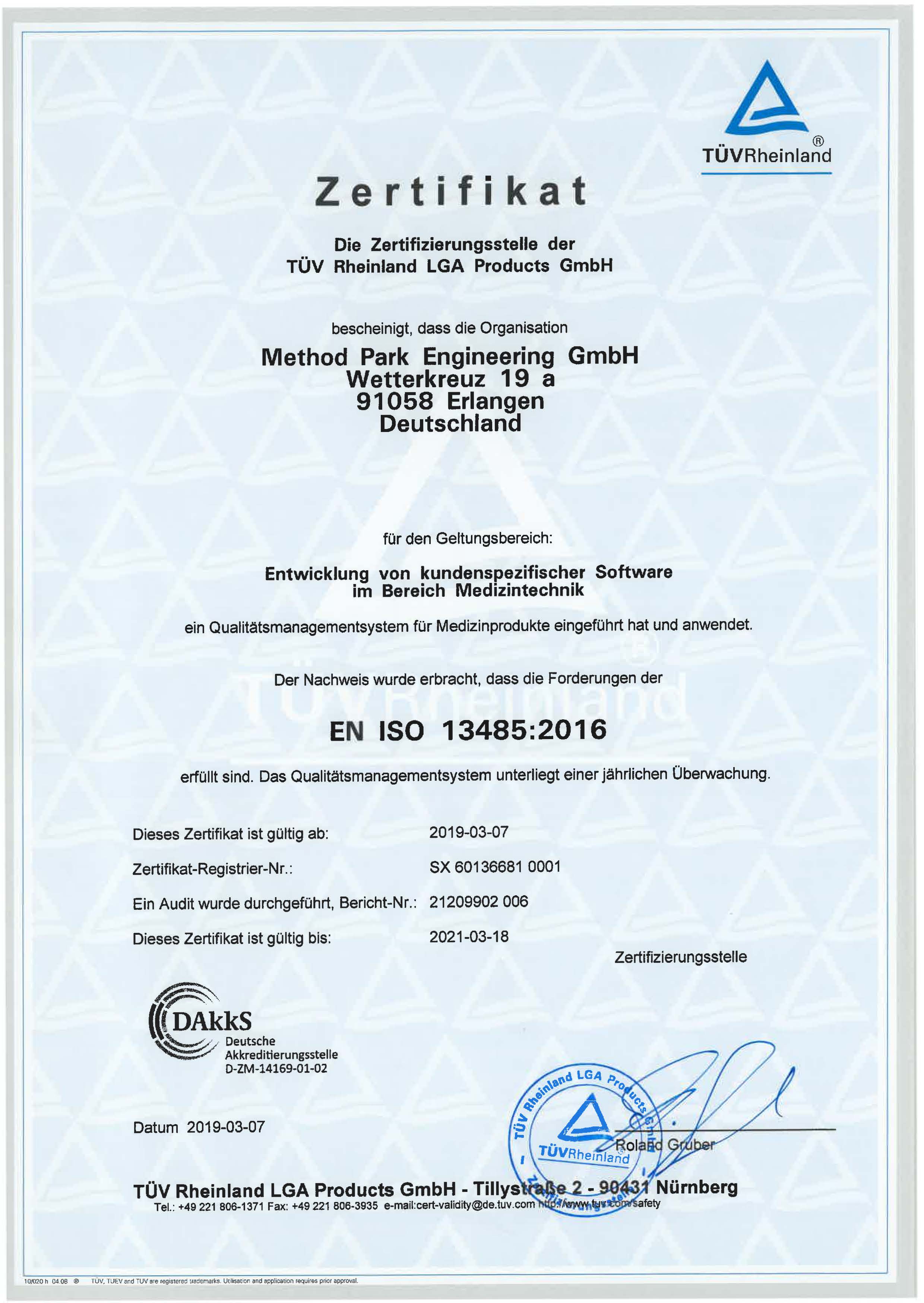 Method Park successfully re-certified according to DIN EN ISO 13485:2016